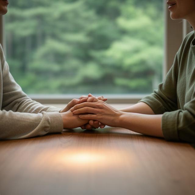 長野の木々を望む静かな相談室で向かい合う夫婦の手元と温かなテーブル